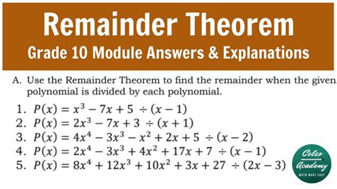 remainder theorem worksheet grade 10